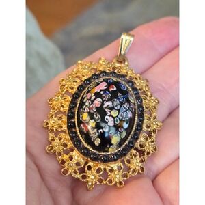 Millefiori Black Glass Pendant Goldtone Vintage Italy Victorian Rare Stunning!!
